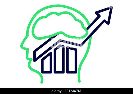 Cognitive line icon. featuring a profile of a human head with a visible brain and an ascending growth chart with a rising arrow inside Stock Vector