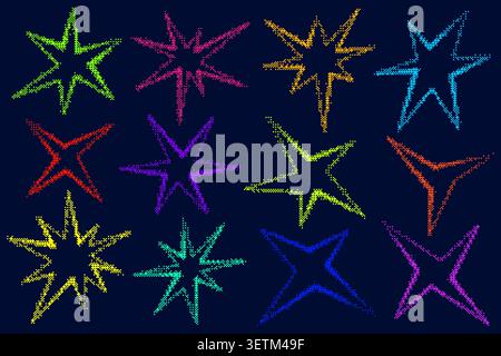 Irregular bitmap star shapes. Abstract vector random spiky sparks with geometric funky flashes and rays. Y2k retro sparkles Stock Vector