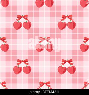Cherry Seamless Pattern Vector Illustration. Cute Red Cherries With Bows on Pink Plaid Background. Sweet Fruit Repeat Print for Textile Packaging and Stock Vector