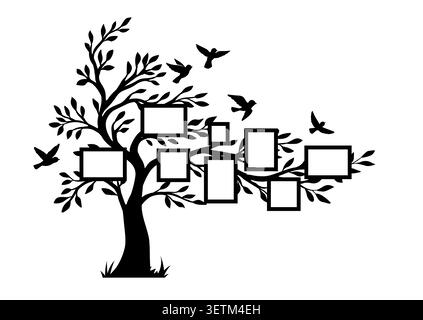 Family tree with photo frames and birds. Insert your photo into template frames. Collage border vector illustration. Metal or decal art decoration. Stock Vector