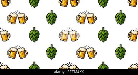Seamless pixel pattern with beer mugs and hop cones for brewery branding, wrapping paper, fabric, packaging, games and backgrounds. Stock Vector