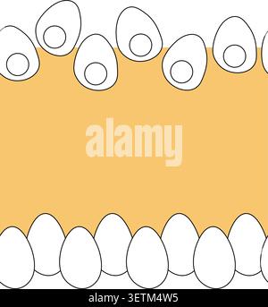 farm boiled half eggs and whole Egg Black and white horizontal border frame template hand drawn illustration. Vector graphic line art. Chicken or duck Stock Vector
