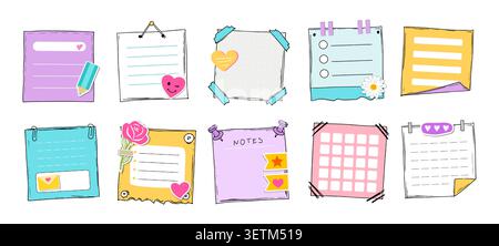 Cartoon planners, notes, blank shedule. Paper sticky list in doodle style. Kid sheet notes. Cute memo banner scrapbook template. Diary frame, notebook Stock Vector