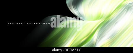 Abstract black wavy background with flowing green and white luminous waves. Vector illustration Stock Vector