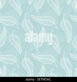Tropical feather leaves seamless pattern with white linear contours and soft shadows on a mint blue background, perfect for spa branding, organic cosmetics packaging and delicate summer textile design. Vector illustration Stock Vector