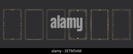 Celestial boho gold frames set, dividers. Esoteric deco border. Elegant thin lines, moon crescent, sun, stars decorations. Tarot card template, occult design. Vector illustration Stock Vector