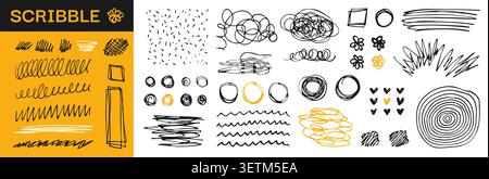 Hand drawn messy pen scratch set. Scribble marks squiggly sketchy pencil black line. Sketch brush strokes, doodles underlines crayon marker punk style elements. Grunge illustration line pack isolated Stock Vector