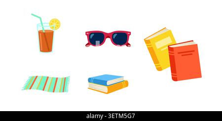 Flat Vector Summer Vacation and Reading Essentials Icons Set - A set of flat vector icons representing summer relaxation and reading. Stock Vector