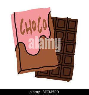 Chocolate bar in packaging with pink strawberry glaze design. Opened wrapper showing sweet dark chocolate, modern flat vector illustration Stock Vector