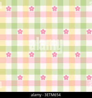 Pastel gingham plaid pattern with pink flowers, soft green, yellow, pink checks, seamless repeat background Stock Vector