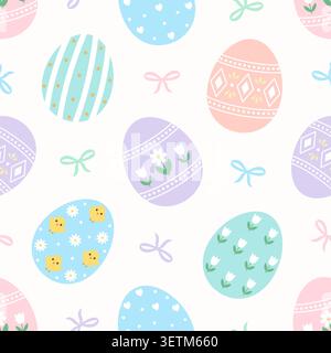 Seamless Easter pattern with pastel eggs and bows. Spring holiday background for textiles and decor. Stock Vector