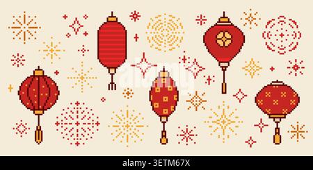 Chinese pixel art icons of festive fireworks, red paper lanterns, retro 8-bit vector japaniese game designs on white background. Traditional Asian exploding firecrackers, party patterns Stock Vector