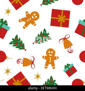 Holiday patterns with gingerbread men, Christmas trees, gifts, and ornaments on a white background during the festive season Stock Vector