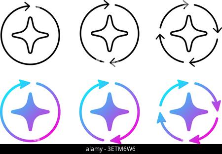 AI star refresh icon. Round regenerate arrow circle line icon. Digital reset purple neon artificial intelligence pictogram. Refresh generate prompt Stock Vector