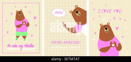 Set of cute Valentine's Day cards in pastel colors. Colored vector illustration with bears. Love messages for loved ones. Stock Vector