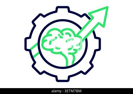 Skill development line icon. of a green human brain inside a dark blue gear, with a green arrow cutting upward through the center to show progress Stock Vector