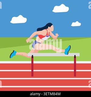 Flat vector illustration of a female athlete jumping hurdles on a running track, representing competition, speed, fitness, and sports performance. Stock Vector