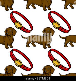 Seamless vector pattern of cute brown dachshund dogs and red collars with gold buckles on a white background. Stock Vector