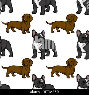 Seamless vector pattern of cute cartoon French Bulldogs and Dachshunds on white background Stock Vector