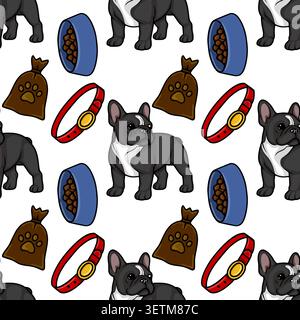 Seamless vector pattern of French Bulldogs with food bowls and collars Stock Vector