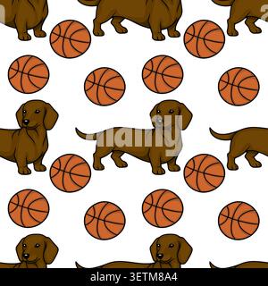 Seamless vector pattern of playful brown dachshund dogs with basketballs Stock Vector