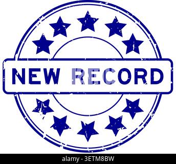 Grunge blue new record word round rubber seal stamp on white background Stock Vector