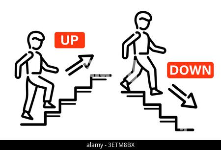 Stairs, person climbing up, walk down staircase. Human moving upstairs downstairs floor. Man lifting by escalator step. Building entrance, exit sign Stock Vector