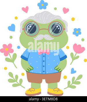 Cartoon grandfather frog character with mustache and glasses. Vector illustration with flowers and hearts. Stock Vector