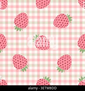 Seamless pattern with pink strawberries on a green and pink gingham background. Vector strawberry plaid texture. Stock Vector