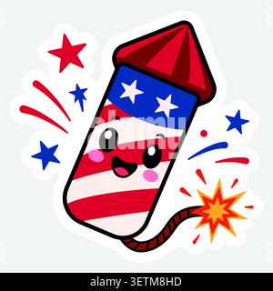 Cute patriotic firework rocket sticker, vector cartoon character Stock Vector