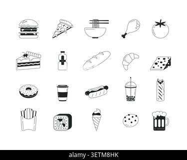 Playful funky food and drinks 2D line icons set Stock Vector