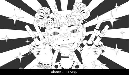 Japanese kawaii Harajuku girl with peace signs lo fi line illustration Stock Vector