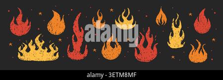 Pencil or crayon grunge texture of burning fire. Set of wax flame stickers. Vector collection Stock Vector