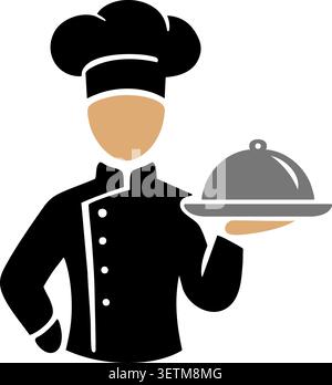 A chef in uniform presents a covered serving tray with one hand Stock Vector