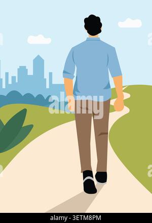 Flat vector illustration of a man walking along a scenic path, representing outdoor lifestyle, personal journey, wellness, and everyday movement. Stock Vector