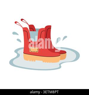 Red rubber boots splashing in a water puddle vector illustration flat Stock Vector