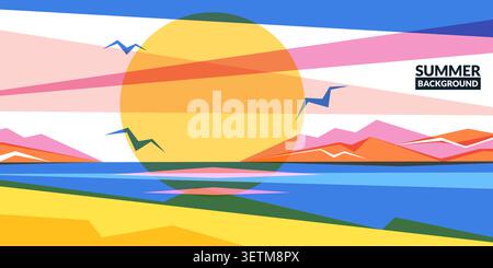 Abstract geometric summer landscape background with big sun, sea, beach and mountains, vector illustration. Minimalist nature sunset or sunrise design Stock Vector