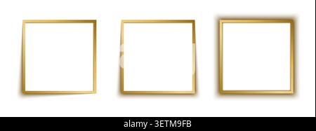 Set of three empty gold square photo frames with different shadow effects on white background Stock Vector