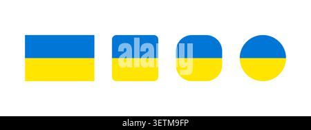 Ukraine national flag set in original proportion and different shapes styles. Official Ukrainian symbol, logo vector collection Stock Vector