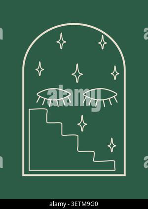 Minimalist arched window with closed eyes and stairs on green background Stock Vector