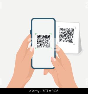 QR Code Scan, Vector Illustration. QR Code Payment and QR Code Verification with Smartphone and Printed Code. Hands Holding Mobile Phone for Stock Vector