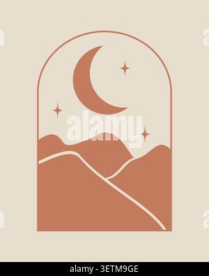 Crescent moon logo with star combination in line art design style. Modern moon and stars Stock Vector