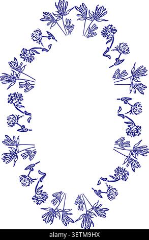 Wreath frame with flower elements. Cute oval frame box. Hand drawn vector illustration Stock Vector