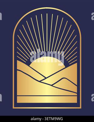 Mountain peak with sunrise for outdoor logo design. Vintage Sun Icon with Rays Stock Vector