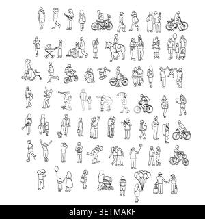 set of people doing activities illustration vector sketch with black lines Stock Vector