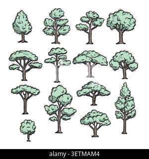 set of green trees illustration vector sketch with black lines Stock Vector