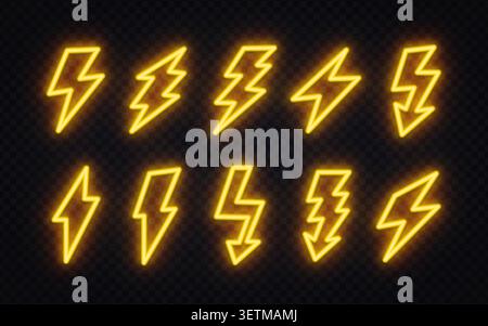 Set of 10 neon yellow glowing lightning bolt icons in various shapes and sizes on dark transparent background. Electric thunder symbols for game Stock Vector