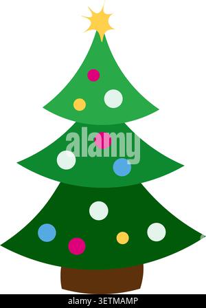 A Christmas tree decorated with a star and colorful balls. Vector Christmas illustration in flat style. Stylized minimalist silhouette of a green Stock Vector