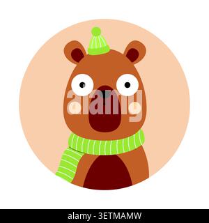 Funny bear wearing a green hat and scarf. Avatar, portrait, social media design. Vector flat illustration isolated on a white background. Stock Vector