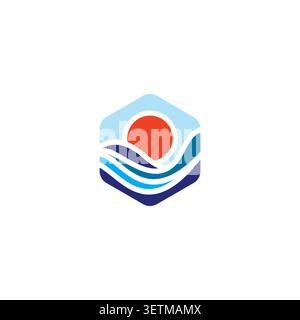 Hexagon Sun and Wave Logo Design. Ocean Sunset Logo Icon Vector Stock Vector